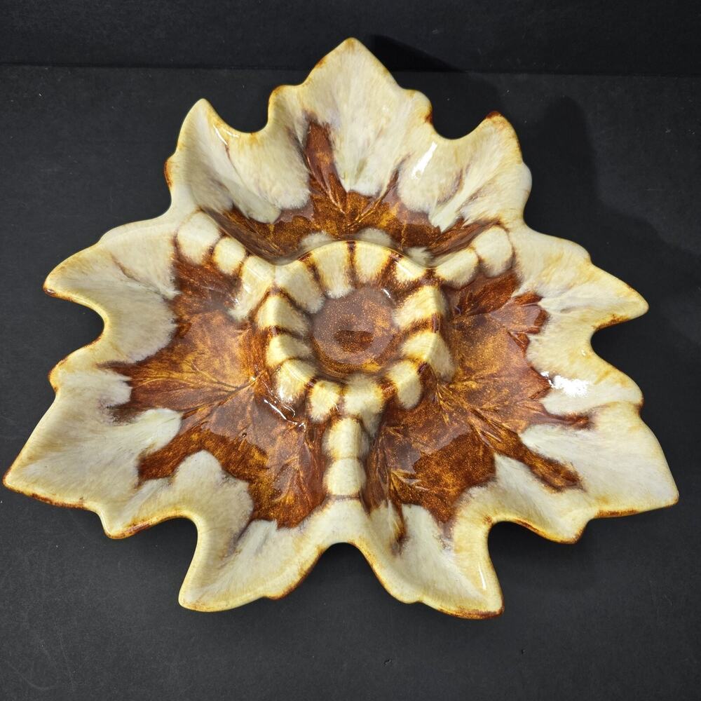 VINTAGE Holland Mold Leaf Divided Serving Platter Tray Glazed Browns Earth Tones